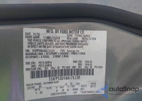 2006 Ford Taurus Se z USA, uszkodzony, nr VIN 1FAFP53U16A176520